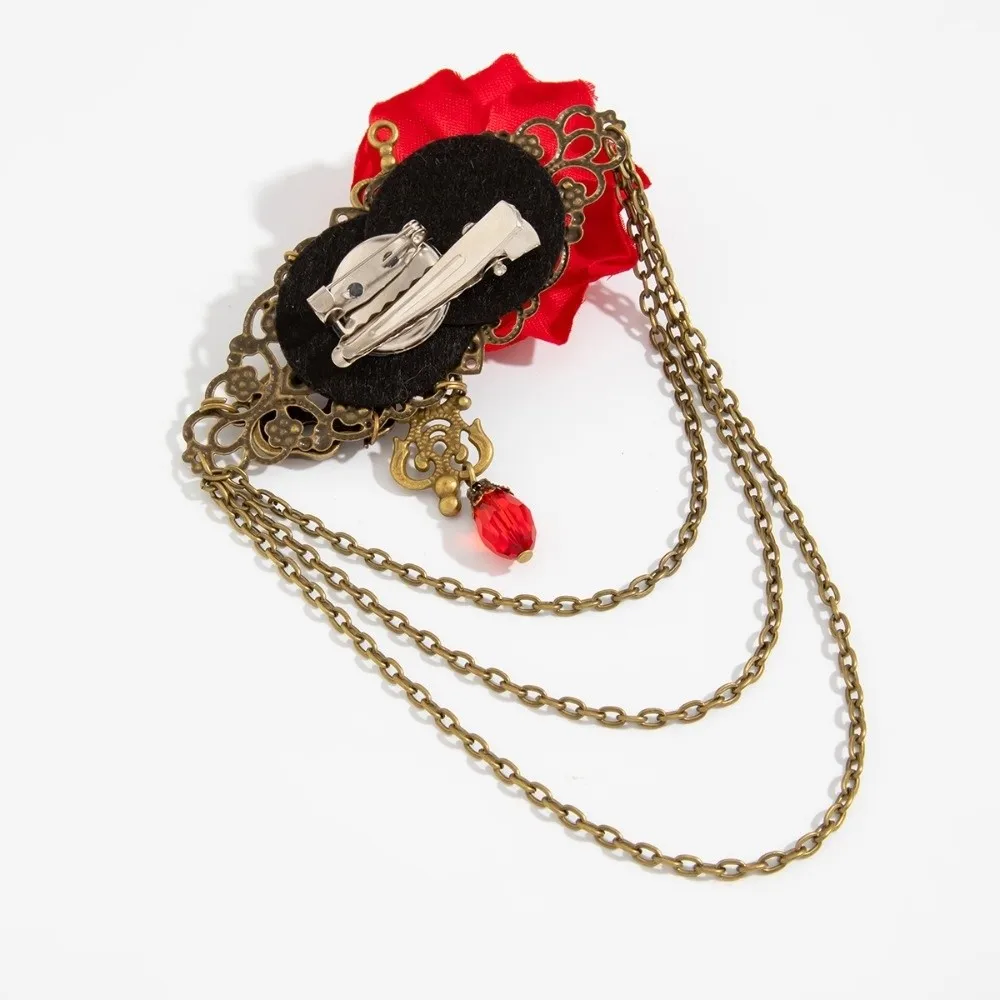 Gothic Style Velvet Rose Brooch Antique Metal Multi Layer Chain Lapel Pin Teardrop Gem Skull Brooch For Halloween Party