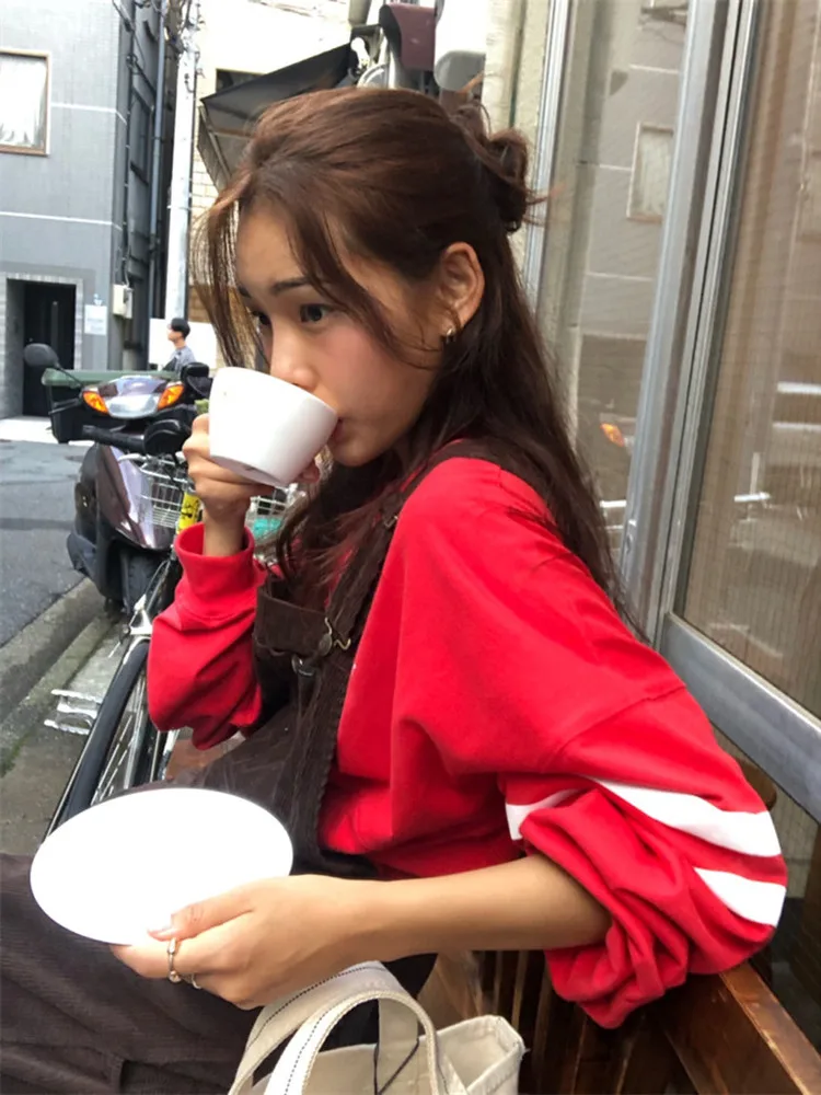 

Повседневный женский свитшот с длинными рукавами в красную полоску, весенний, в университетском стиле, удобный, дышащий, с круглым вырезом, пуловер, топ