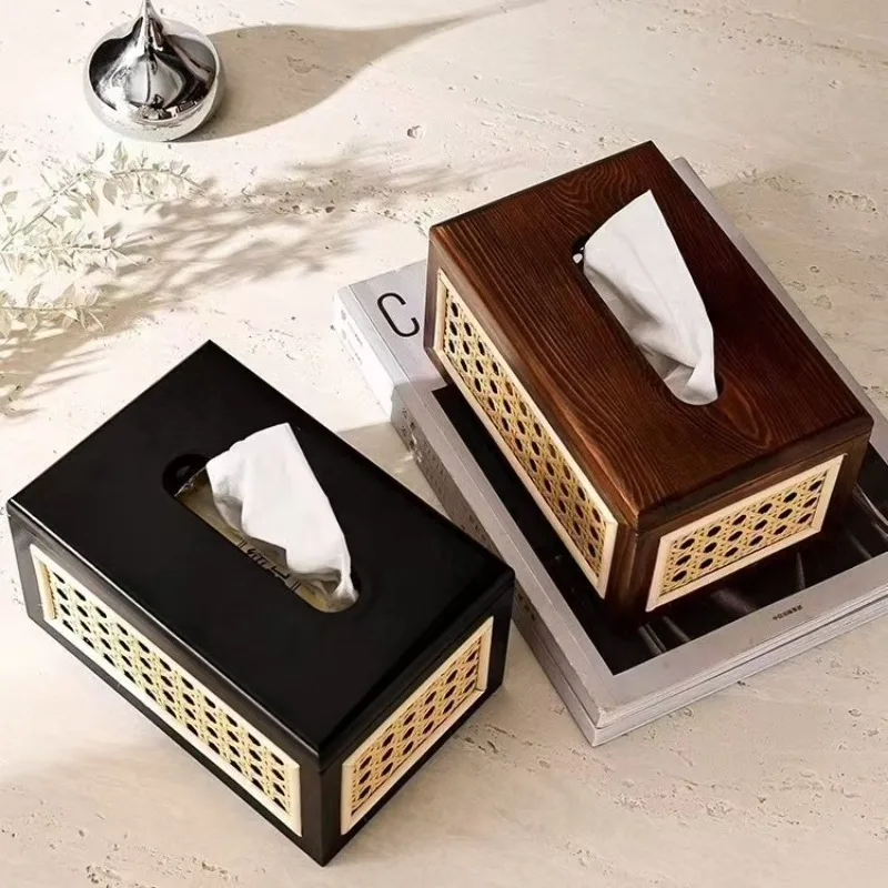 Japanese Style Magnetic Attraction Wooden Rattan Tissue Box Cover Elegant Woven Storage Living Room Bedroom Kitchen Table Decor