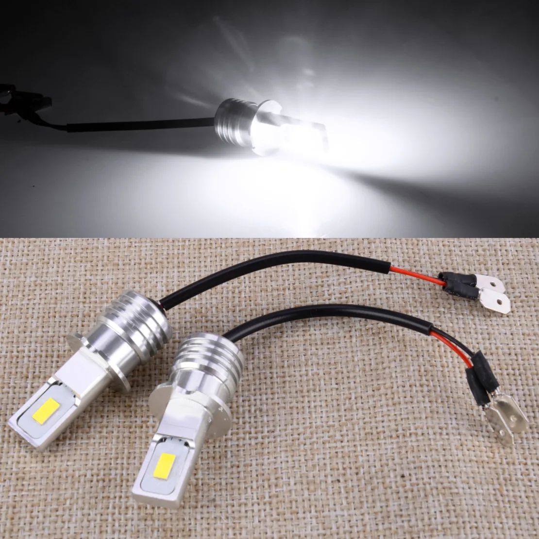

2pcs Car White LED Fog Light Bulb With Connector Harness Conversion Kit 12V-24V H3 80W