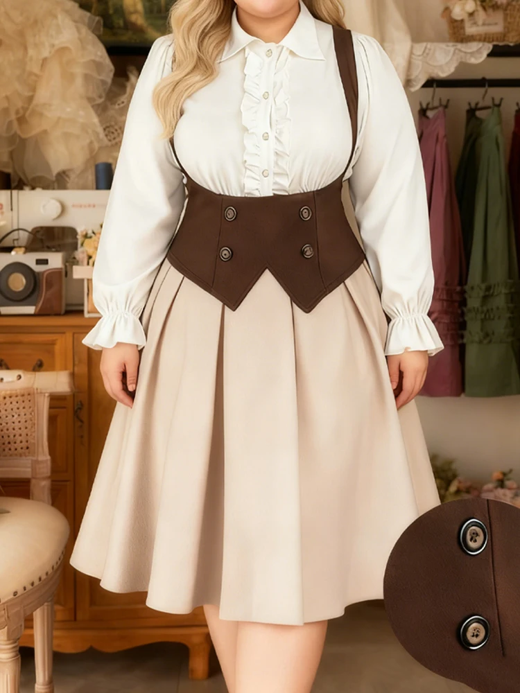 

Ограниченная распродажа, женская рубашка больших размеров в стиле ретро с рюшами и платьем с высокой талией, костюм из двух предметов, жилет на пуговицах в британском стиле, юбка трапециевидной формы