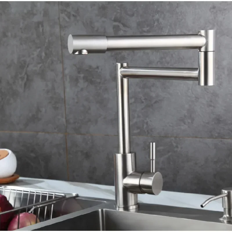 304 Stainless Steel Brushed Kitchen Faucet, 360° Swivel Foldable Long Reach Spout, Hot/Cold Water Mixer Tap for Sink
