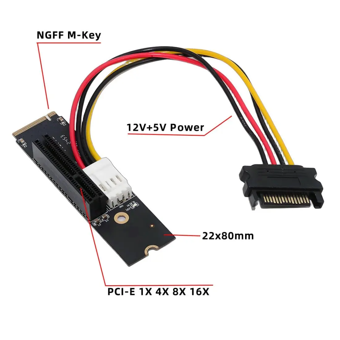 JonISerl M.2 NGFF to PCIe 4.0 X4 Expansion Card Adapter with 5V/12V SATA Power Compatible with PCIe X1/X8/X16