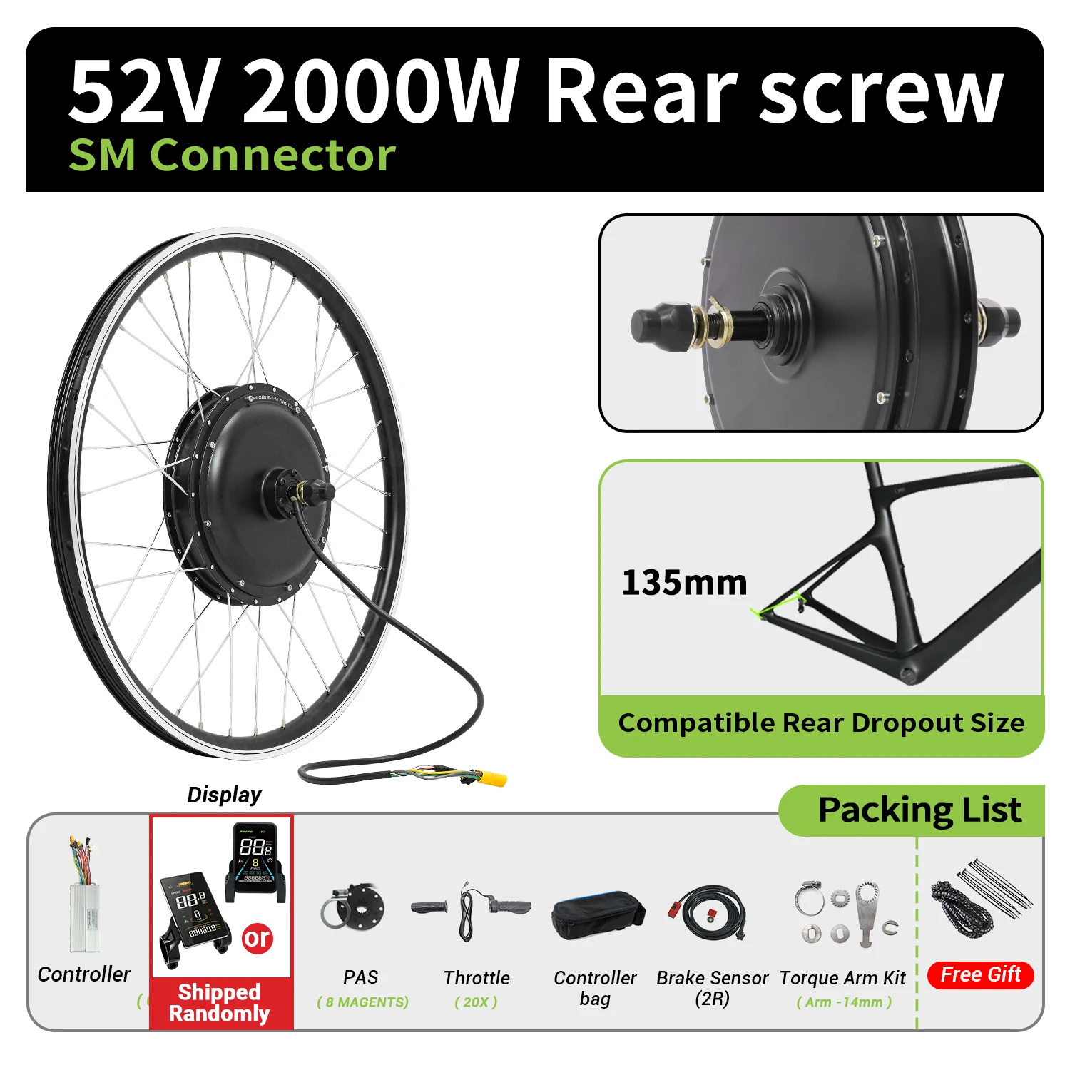 ESOULBIKE E-Bike Kit Achternaafmotor 52V 2000W Elektrische Fiets Ombouwset 26 28 Inch 700C met Kleurrijk Display