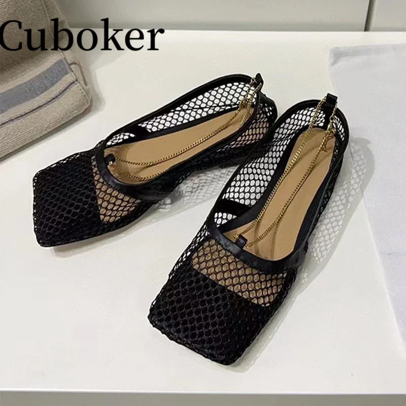 Summer Women Gold Chain Flat Sandals Sexy Mesh Square Toe Female Mules Brand Runway Party Dress Porous Shoes for Women Vacation