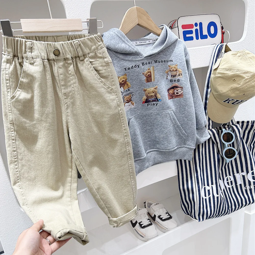 

2-10 Years Spring Autumn Children Boy Pants Elastic Waist Solid Color Exterior Kid Boys Trousers Casual Students Boy Cargo Pants