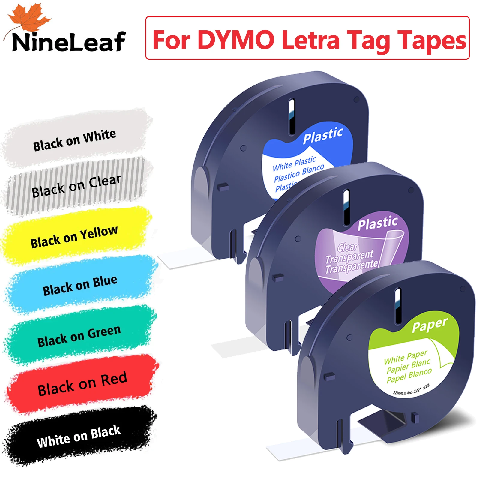 شريط NineLeaf 12 مم متوافق مع ملصق الشريط البلاستيكي DYMO LetraTag 91330 91331 لآلة وضع العلامات LetraTag LT-100T LT-100H