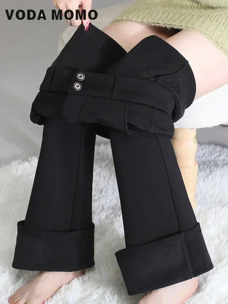 الكورية مكتب سيدة عادية الإناث عالية الخصر جرس طويل أسفل السراويل الخريف الشتاء موضة شق الصلبة مضيئة السراويل النساء السراويل