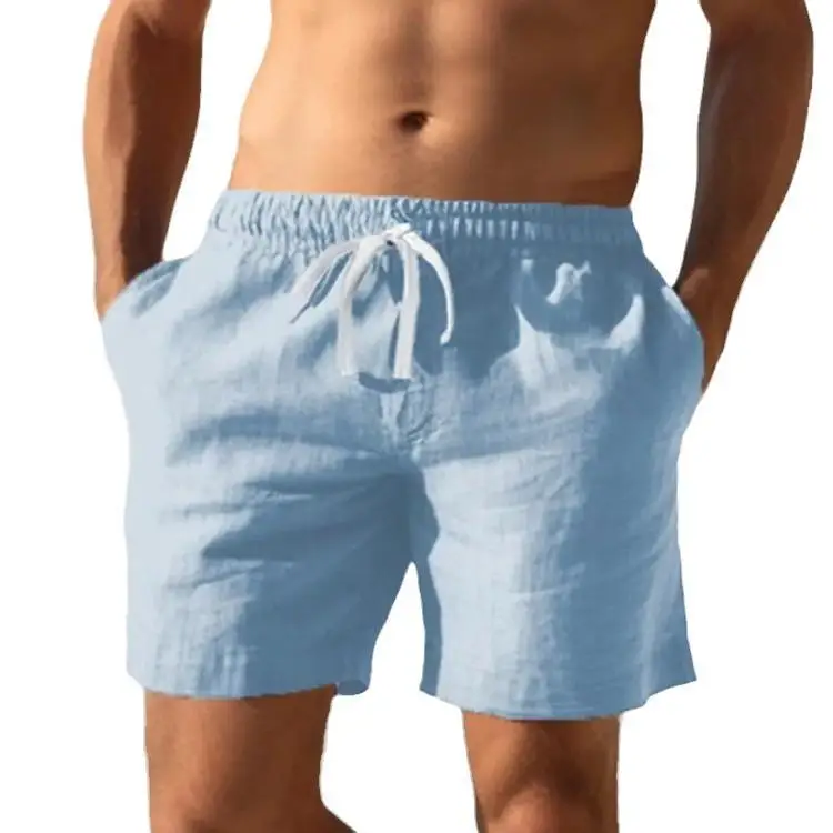 Pantaloncini da Uomo in Cotone e Lino con Elastico, Gamba Dritta, Stile Estivo Semplice, Colore Unico