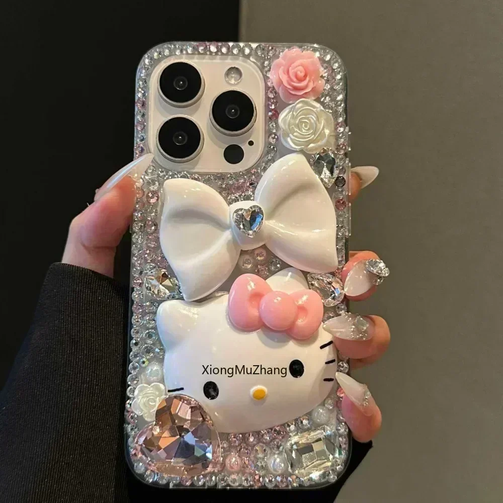 Sanrio Rhinestone Heart Hello Kitty Phone Case for IPhone 15 Pro Max 14 13 12 11Pro 16 Plus Women Luxury Protective Custom Cover