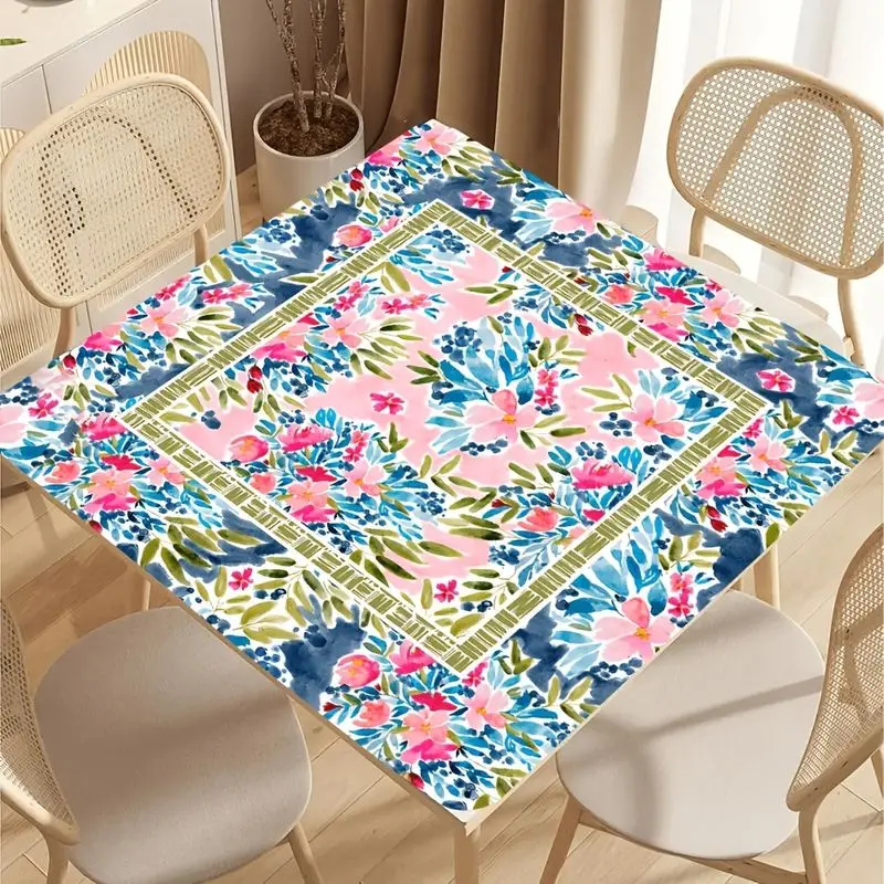 VIKAMA Fresh Blue and Pink Floral Mahjong Mat, Non-Slip, Washable Square Poker and Mahjong Table Mat, Home Decor