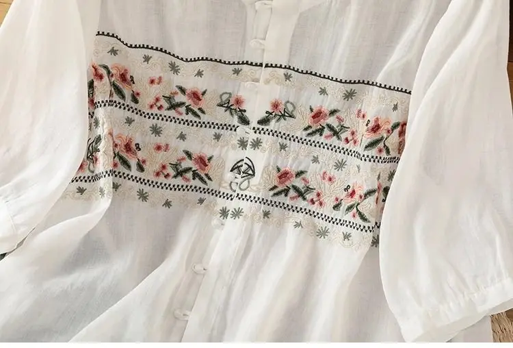 Retro Cotton and Linen Embroidered Seven Part Artistic Shirt Summer Versatile Loose Casual Top