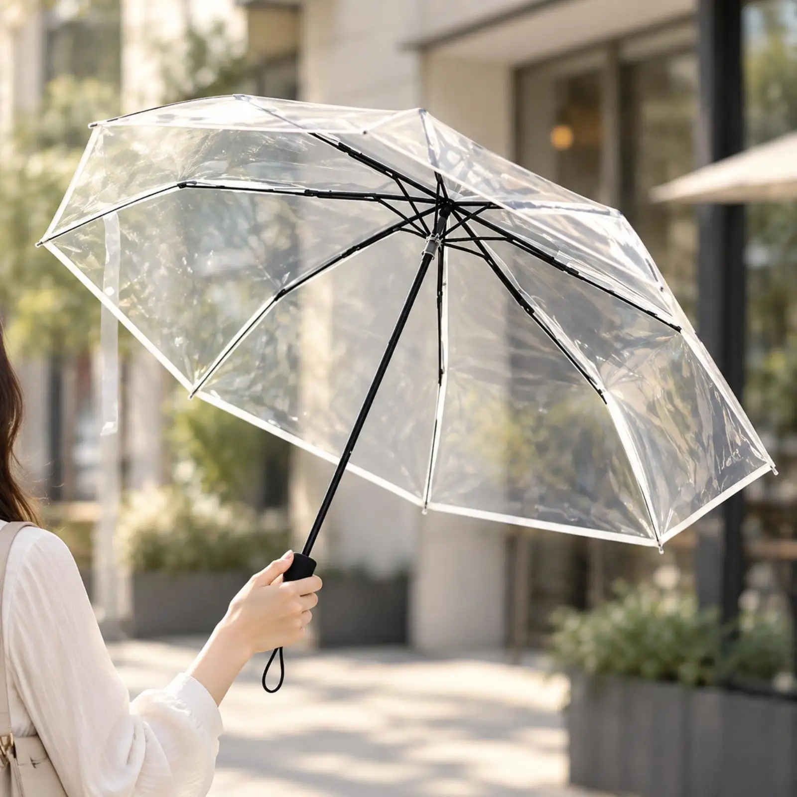 Clear Folding Umbrella for Rain Windproof Transparent Adult Travel Umbrella with Steel Frame Wrist Loop Compact
