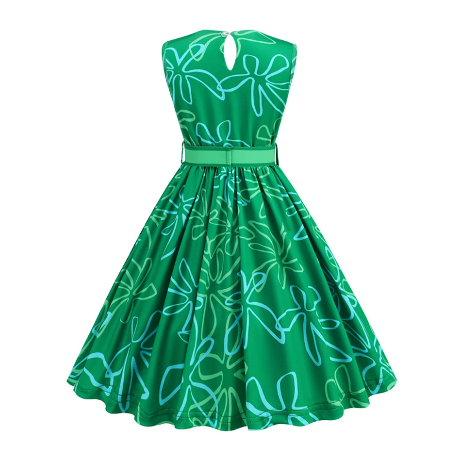 Elegant Green Halloween Costume Sleeveless Print Casual Dress for Girls Designed with Matching Scarf for Luxurious Cosplay Look