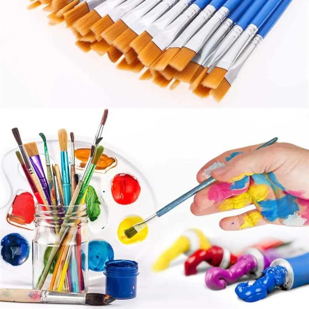 100pcs/bag Painting Brushes Set Art Blue Holder Flat Hair Nylon Hair Paint Brush for Oil Acrylic Watercolor Art Supplies