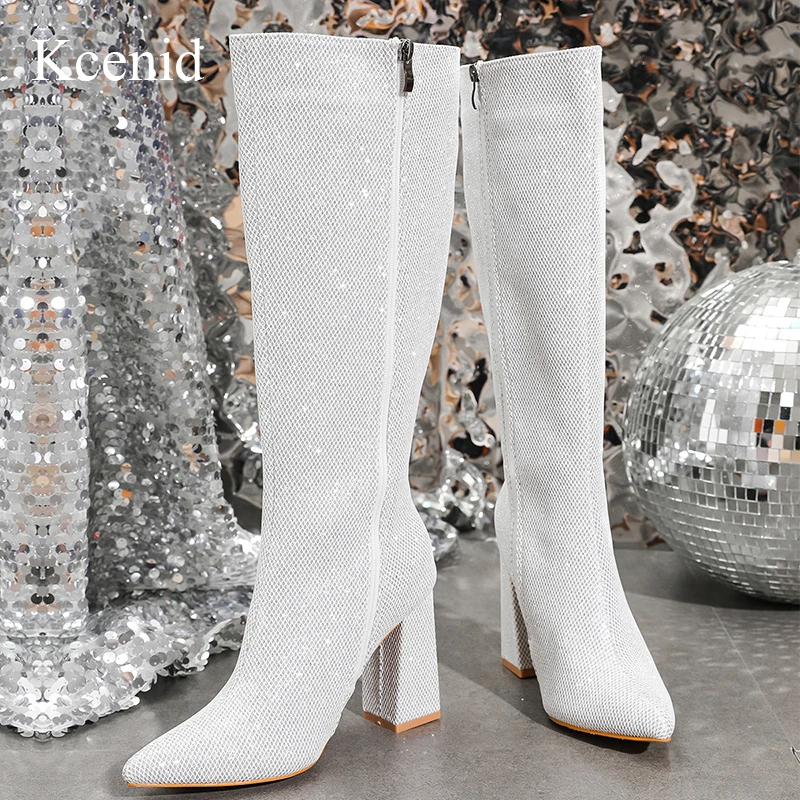 

Kcenid Fashion Sequined Cloth ZIP Pointed Toe High Heels Mid Calf Boots Street Style Square Heel Modern Motorcycle Boots Size 42