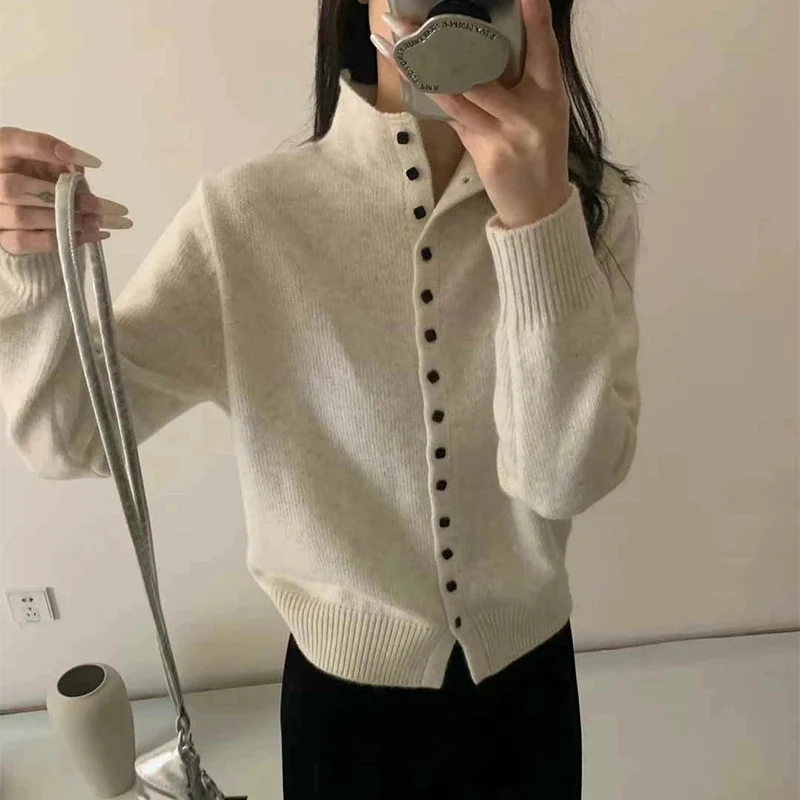 Soft Comfortable Stand-Up Collar Sweater Cardigan Women Simple Single Breasted Cardigans Coat Autumn Winter Knitted Outerwear