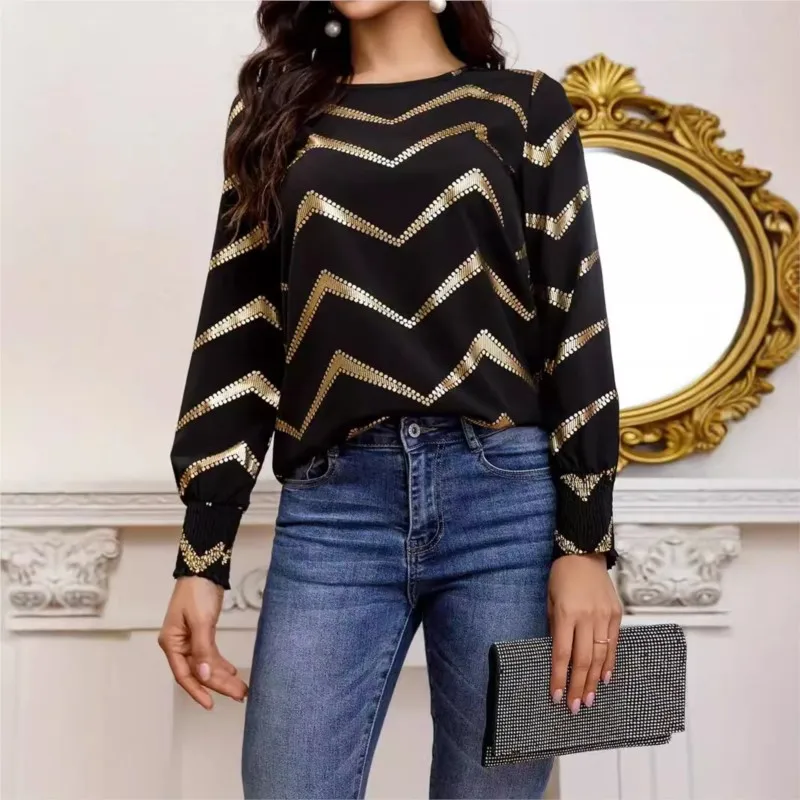 

Spring Summer Striped Long Sleeve Shirts For Women 2025 Fashion Print Casual O-Neck Loose Ladies Blouses Black Tops Mujer