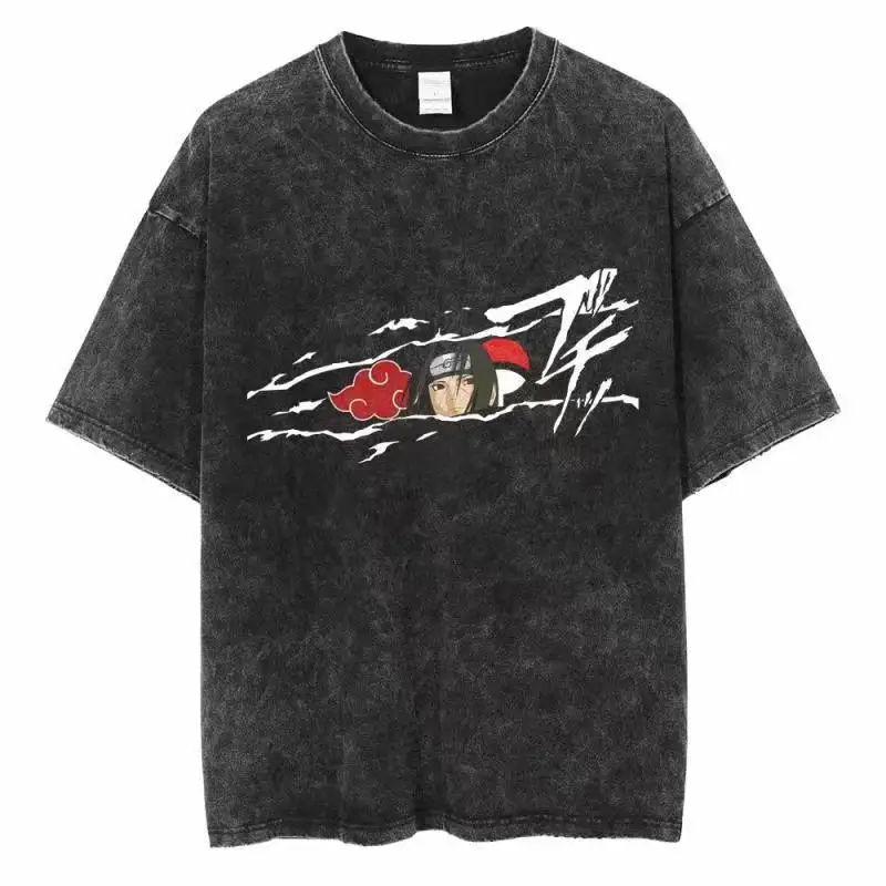 Distressed Wash T Shirt Naruto Men and Women Acid Wash Anime Graphic Printed Loose Cotton Streetwear Vintage Bootleg Tee Gifts