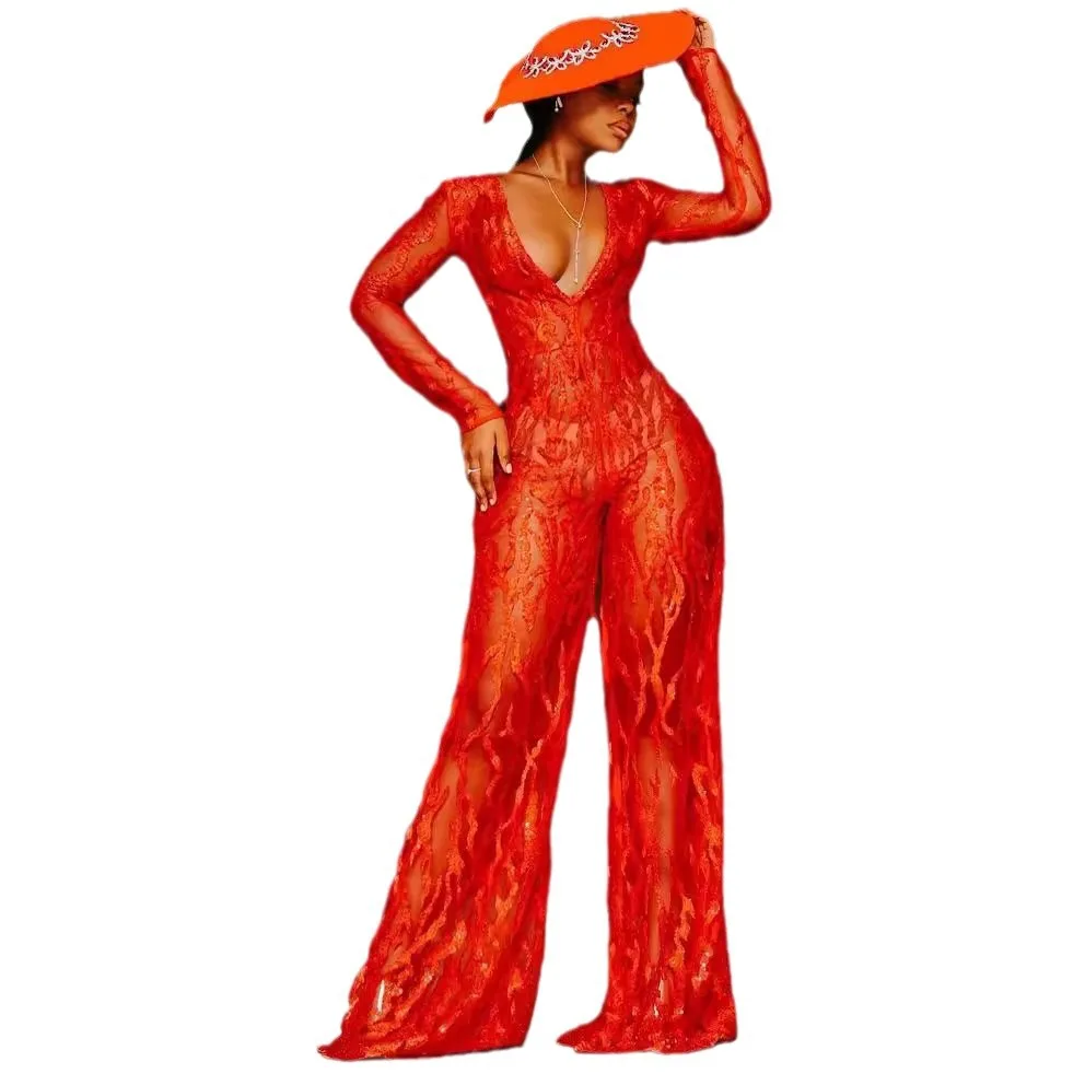 Spring Summer 2025 Women's Wi One-Piece Pants Deep V Bright Red Wide Leg Pants Gold Drip Commute Sle Polyester Fiber