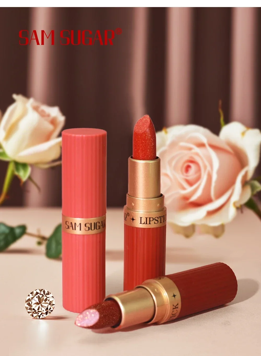 Diamant glänzender samtmatter Lippenstift, glitzernd, schimmernd, perlmuttartig, sexy rote Lippentönung, antihaftbeschichteter Lippenstift, hochpigmentierte Lippen, Kosmetik – Detail 13
