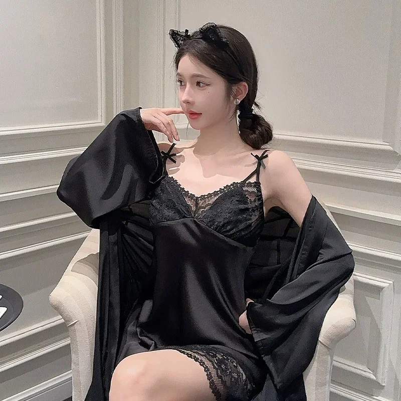 

French Style Robe And Gown Set Sexy Lace Trim Sleepwear Nightgown Women Silky Satin Kimono Bathrobe Spaghetti Strap Sleepshirt