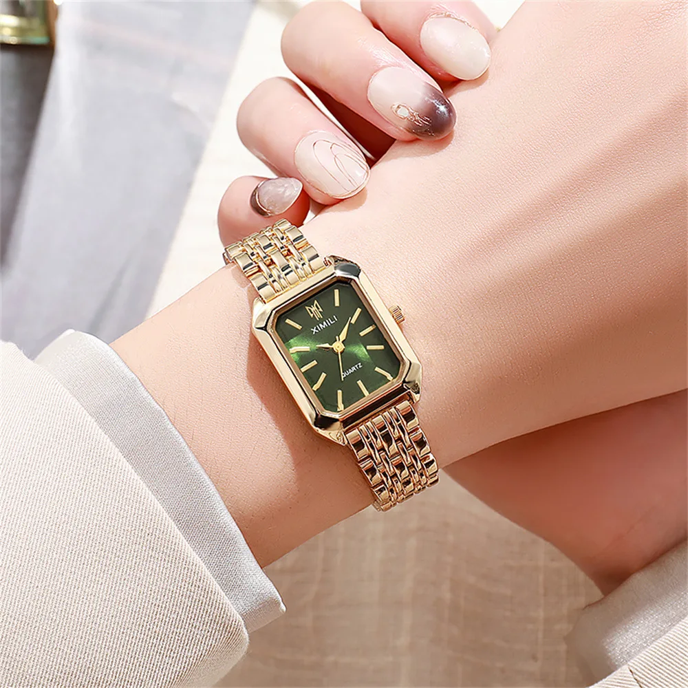 Small Niche Luxury Fashion Retro High-end Gold Steel Strip Small Square Watch with Temperament Women'squartz Watch (without Box）