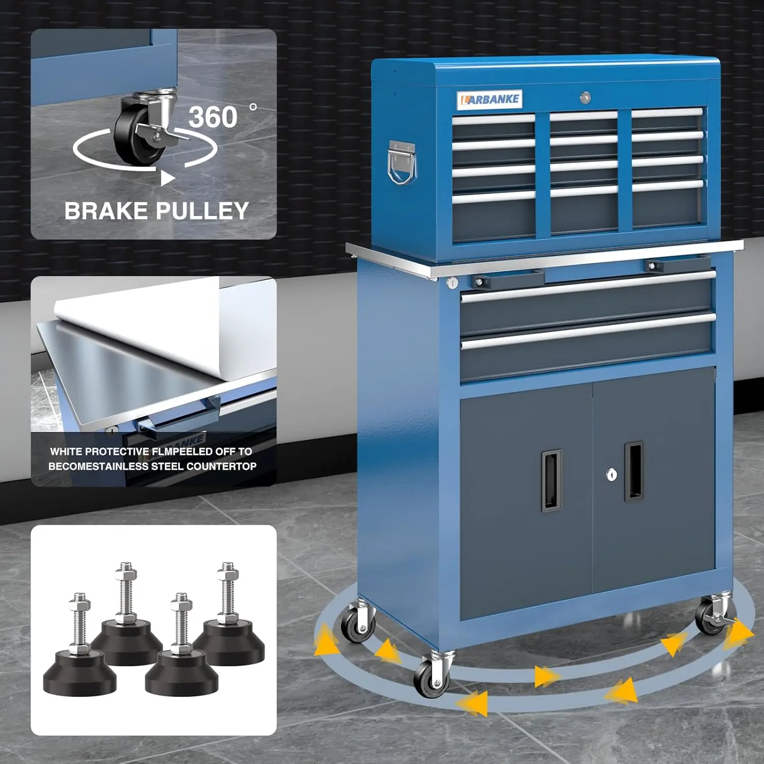 Coffre à outils roulant avec roues et porte, boîte à outils avec socle coulissant, dessus de seau en acier inoxydable