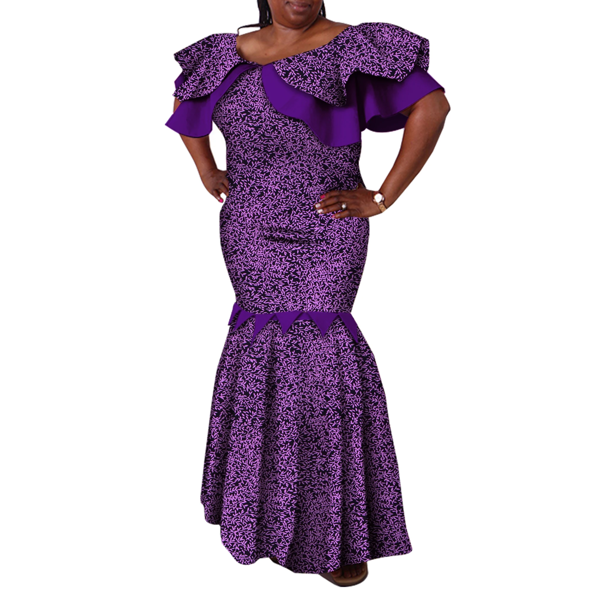 Bazin Riche African Dresses for Woman with African Headwarp Ankara Print Vestidos Dashiki Women Dresses Evening Gowns WY2452