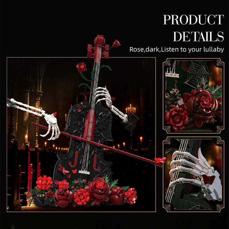 Creative Artist Skull Red Rose Violin Building Blocks Gothic Musical Instrument Model Home Decor Assembly Bricks Toys Girls Gift - view 4