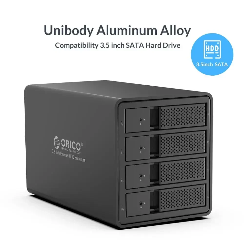 ORICO Caja de disco duro de 3,5 pulgadas Caja de aluminio 4 bahías SATA a USB3.0 Estación de acoplamiento HDD Caja de disco duro externo con UASP