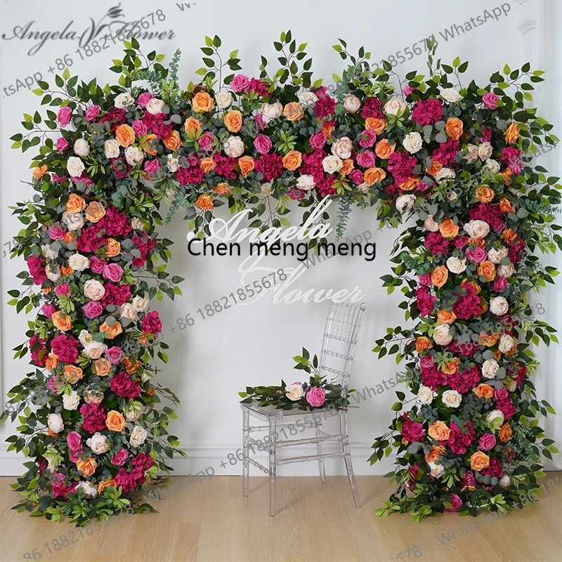 

Hot Pink Orange Rose Green Leaves Arrangement Floral Outdoor Wedding Backdrop Flower Arch Frame Decor Event Party Props A8230