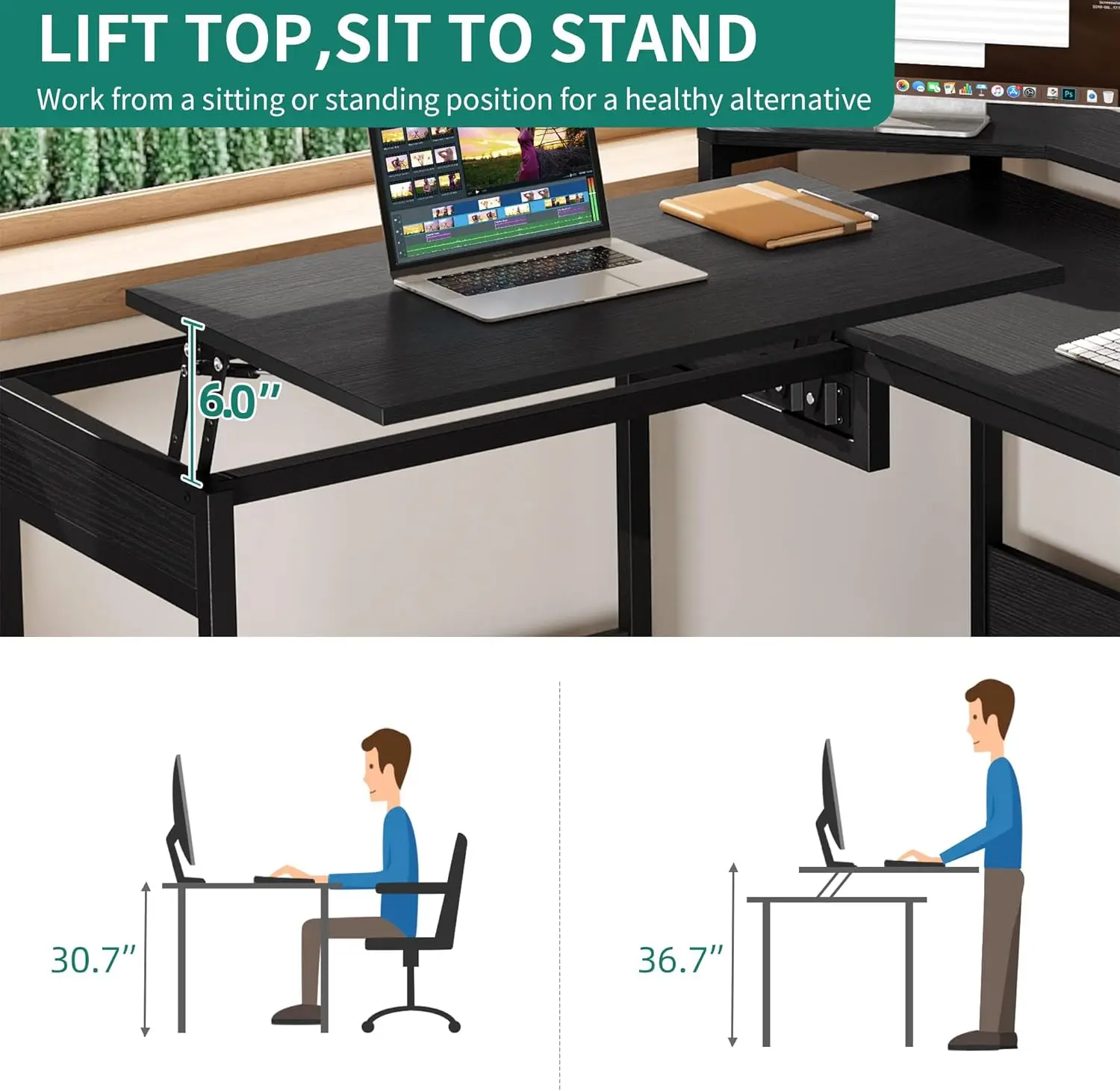 Shaped Desk with File Drawer Large Computer Corner Desk with Lift Top Standing Desk Height Adjustable with Monitor Stand