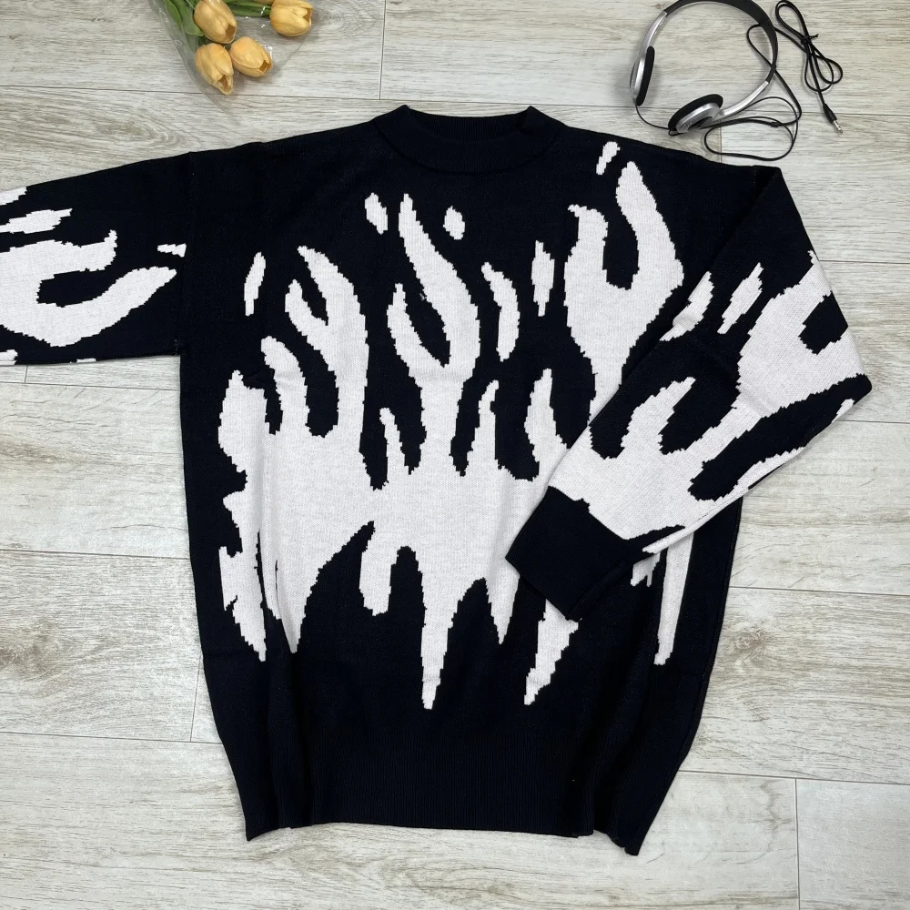 2025 Nieuwe Winter Gewatteerde Trui Heren O-hals Zwart-wit Afdrukken Lange Mouw Warme Slanke Trui Heren Trui Herenkleding