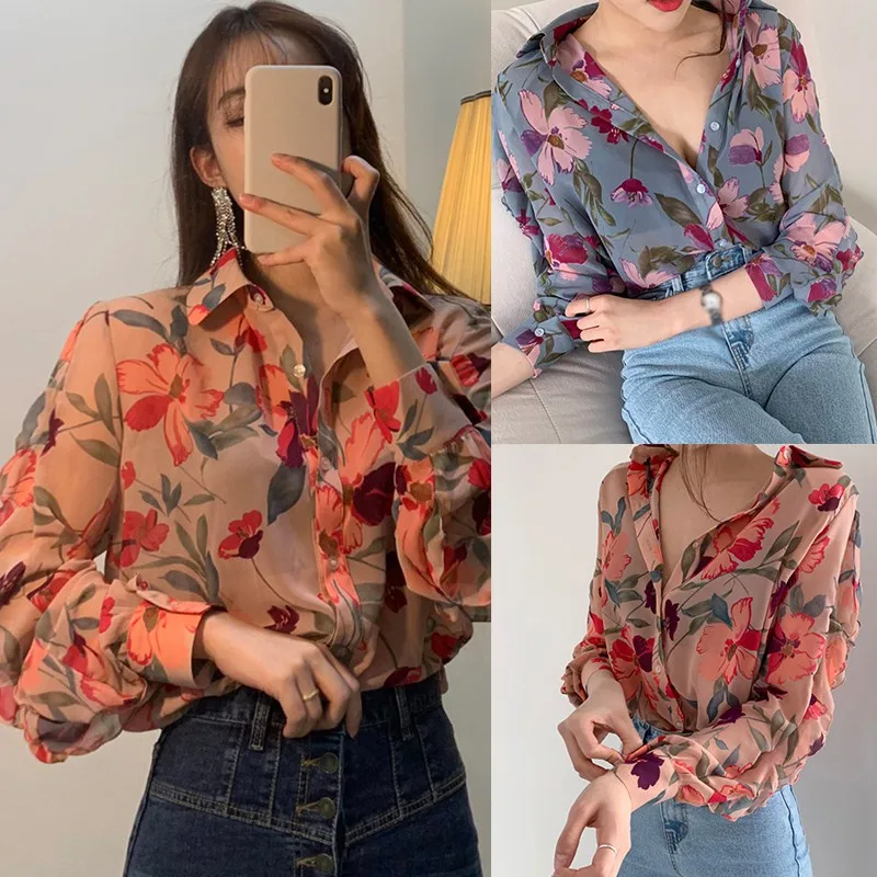 Summer Women\'s Chiffon Shirt Female Retro Fashion Flower Print V-Neck Top Floral Loose Elegant Long Sleeve Tops For Lady