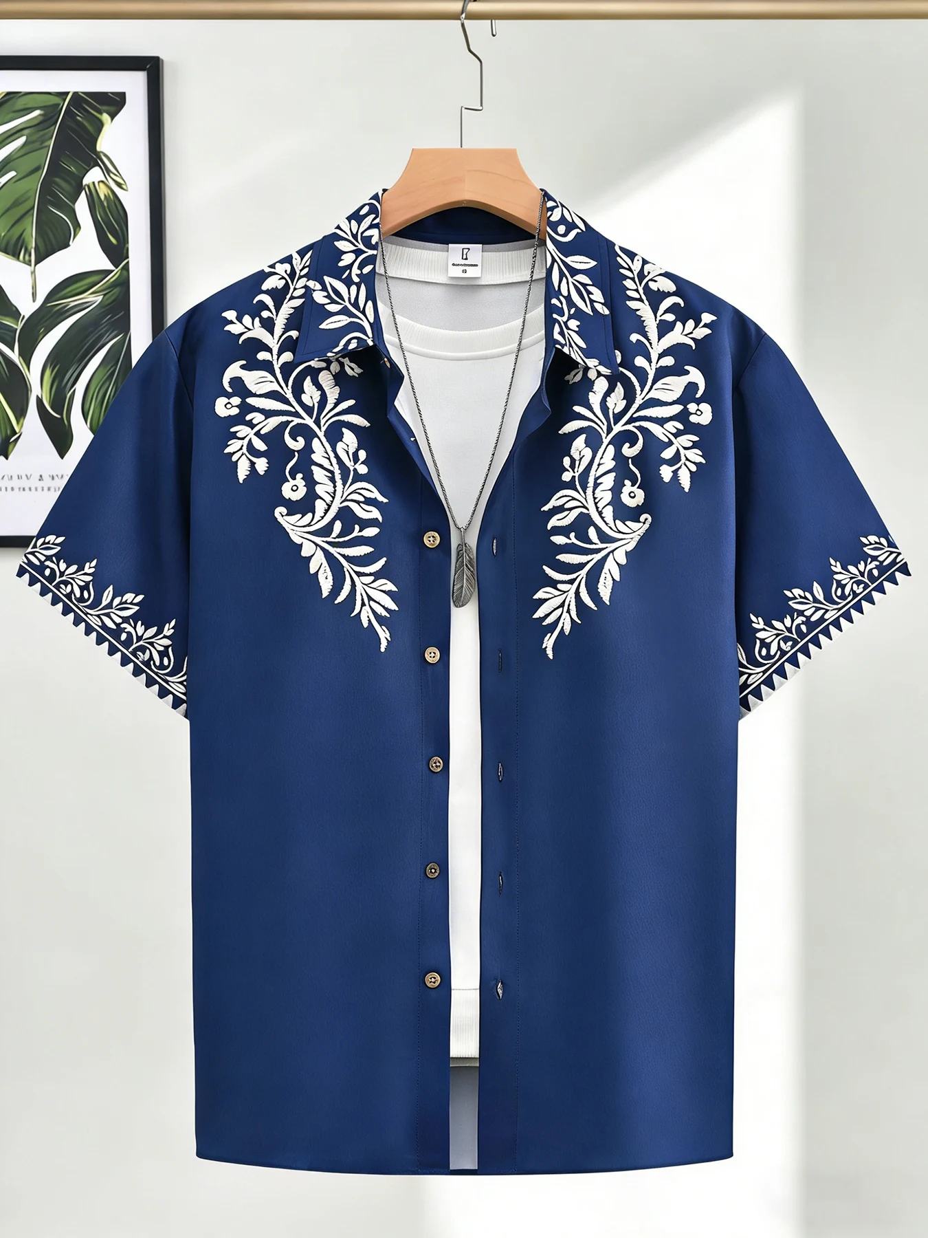 Men's Navy Blue Vine Floral Print Cuban Collar Short-Sleeved Shirt, Loose Casual Top, Men's Vacation Style Open-Front Trendy Shirt