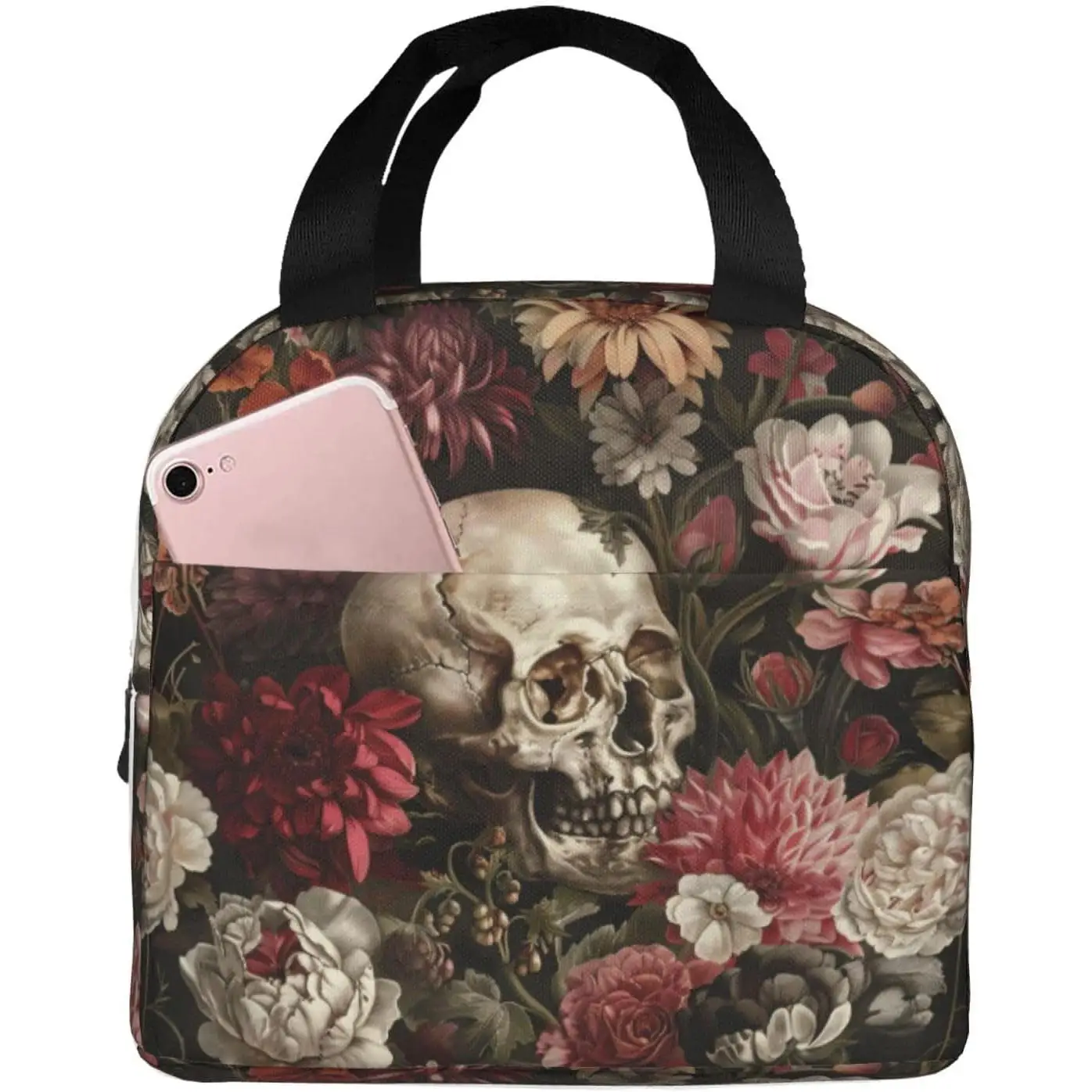 Floral Skull Print Insulated Lunch Bag, Reusable Lunch Box With Front Pocket For Work And Picnic Container Waterproof Portable