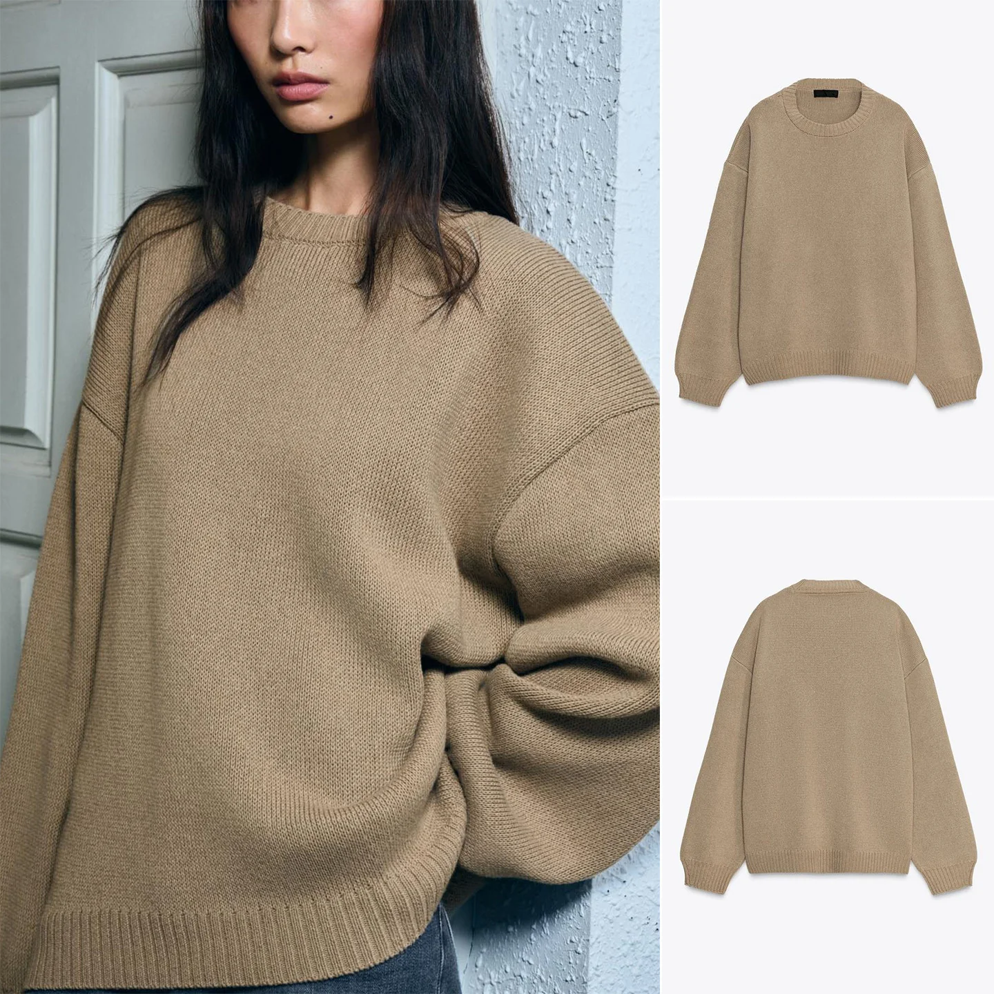 

Свободный длинный вязаный свитер с круглым вырезом Ne, новый осенний женский модный вязаный топ с плоскими иглами в рубчик