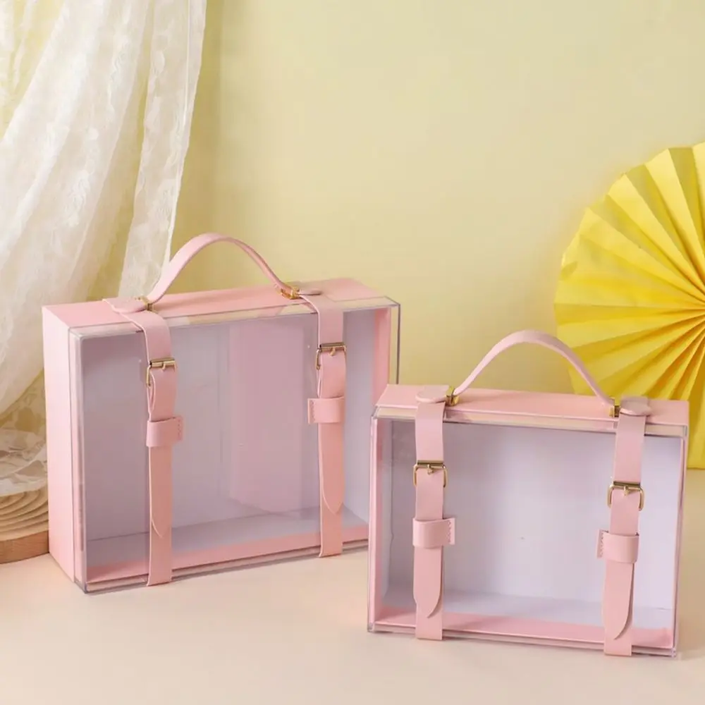 Elegant Clear Acrylic Present Box Leather Handle Durable Decorative Gift Holder For Business Corporate Gift Packing