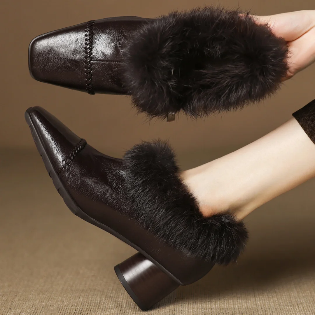 

Women's genuine leather rabbit fur patchwork square toe side zip short plush inside winter pumps elegant ladies 5cm heels shoes