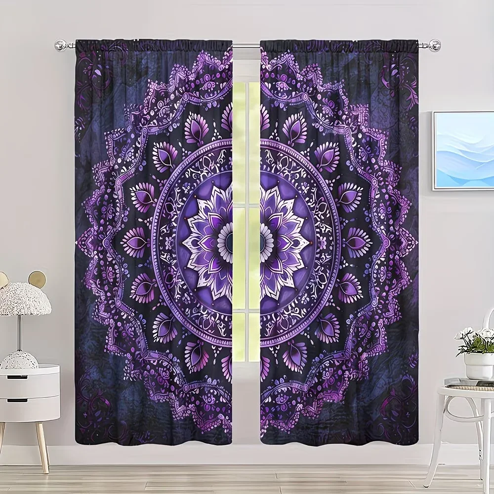 Decorative Purple Mandala Print Curtains Pair 2pcs Boho Style Window Drapes Luxury Living Room Bedroom Home Decoration