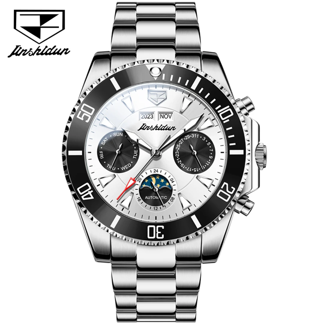 

JSDUN 8931 Fashion Mechanical Watch Gift Stainless Steel Watchband Round-dial Wristwatch Week Display Calendar Luminous