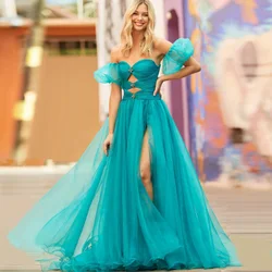Off Shoulder Navy Blue Tulle Dress Ruffle Evening Dresses For Women Custom Made Open Back Prom Dress With Slit Cutout Dress