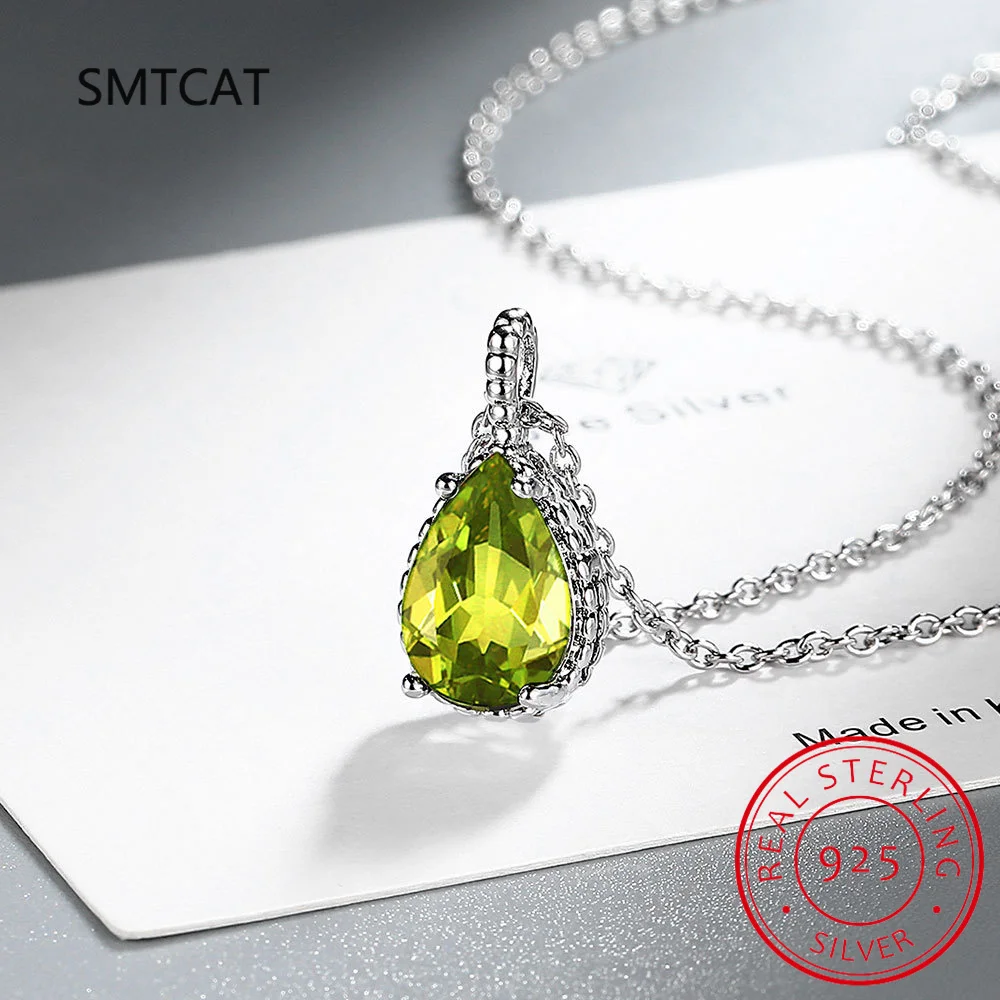 Collar con colgante de gota de agua de Plata de Ley 925 con peridoto Natural auténtico de 1,1 quilates para mujer, joyería fina, gargantilla de piedras preciosas de pera