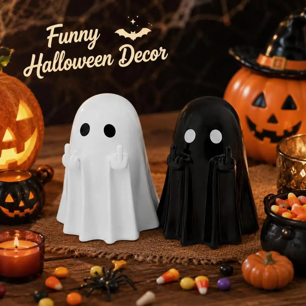 Fun Ghost Resin Pen Holder, Halloween Middle Finger Ghost Figurine, Spooky Desktop Decor Pen Stand for Halloween Atmosphere