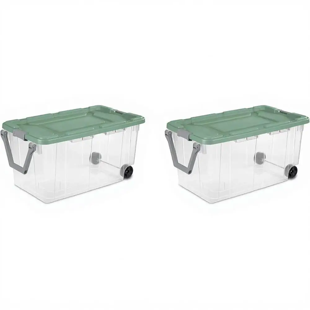 

40 Gallon 160 Qt Wheeled Industrial Tote Plastic Rolling Stacker Storage Box Clear Base Green Sage Lid 2-pack