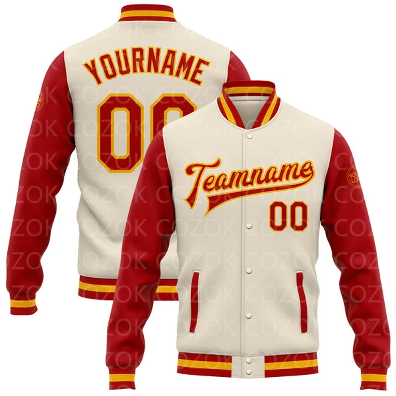 Personalizado creme 3D impresso beisebol botão jaqueta, bombardeiro Letterman Varsity, Full-Snap