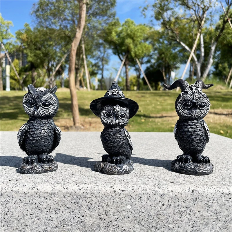 1pc Magic Owl Mysterious Statue Cute Black Witches Owl Figurine Home Decor Desk Resin Ornament for Halloween Sculpture