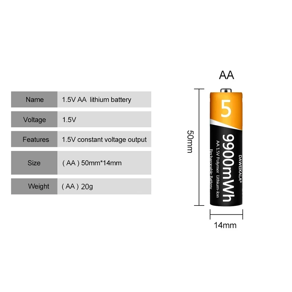 1.5V AA Battery 9900mWh Rechargeable Lithium-ion Battery AA Battery for remote control mouse fan Electric toy with USB charger