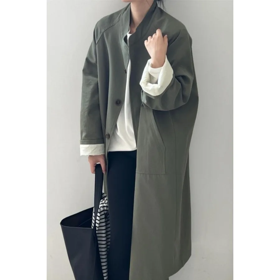 معطف طويل برقبة ثابتة لعام 2025 للنساء لربيع وخريف معطف غير رسمي بياقة مقلوبة وصدر واحد معطف غير رسمي وراقي #4